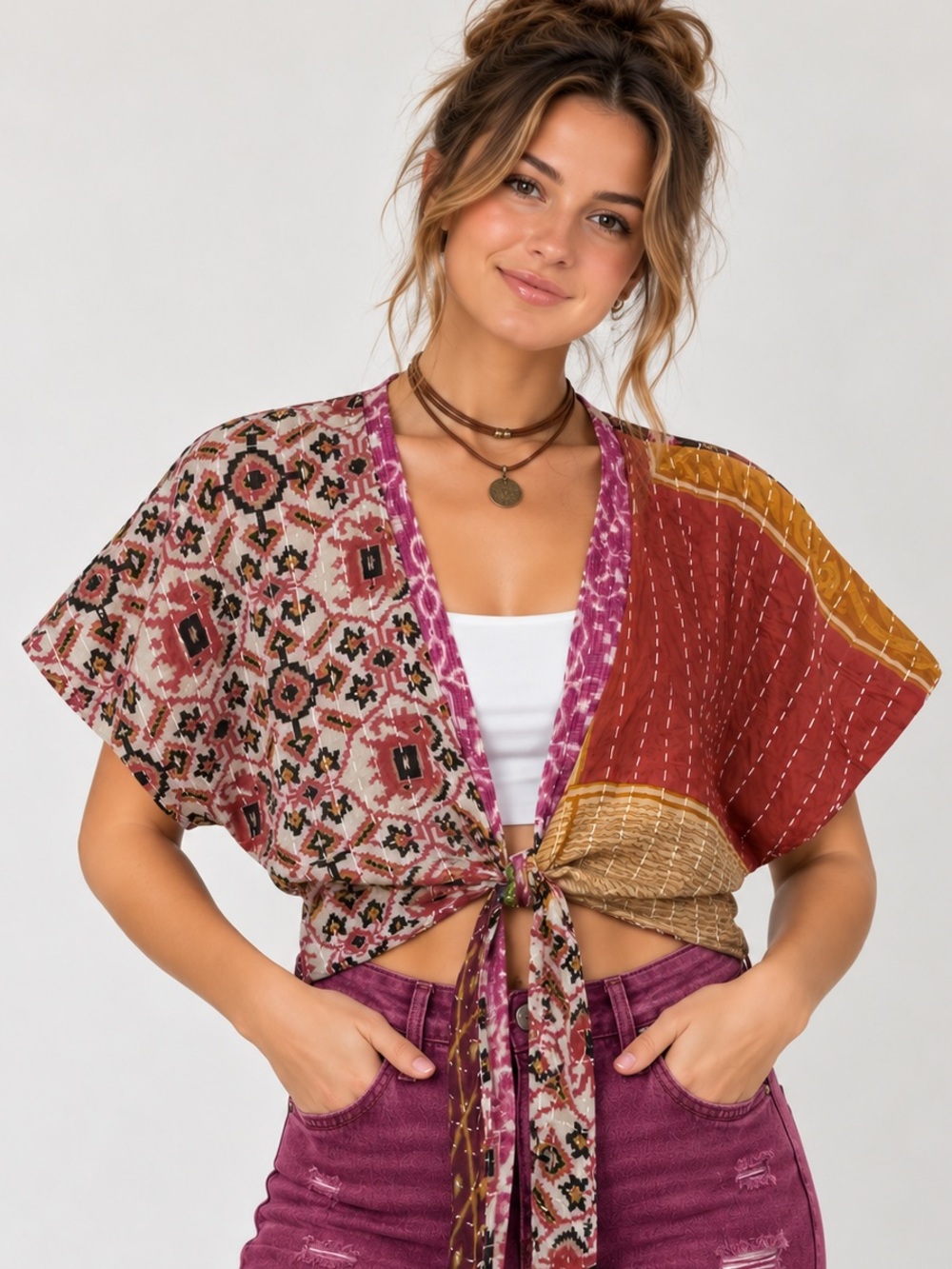 🌸 Wevez Kantha Tie Front Crop Top One Size 100% Cotton Boho Patchwork